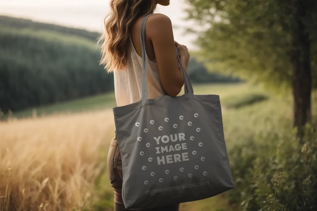 Woman Holding Gray Tote Bag Mockup Side View Template