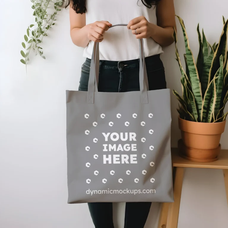 Woman Holding Gray Tote Bag Mockup Front View Template