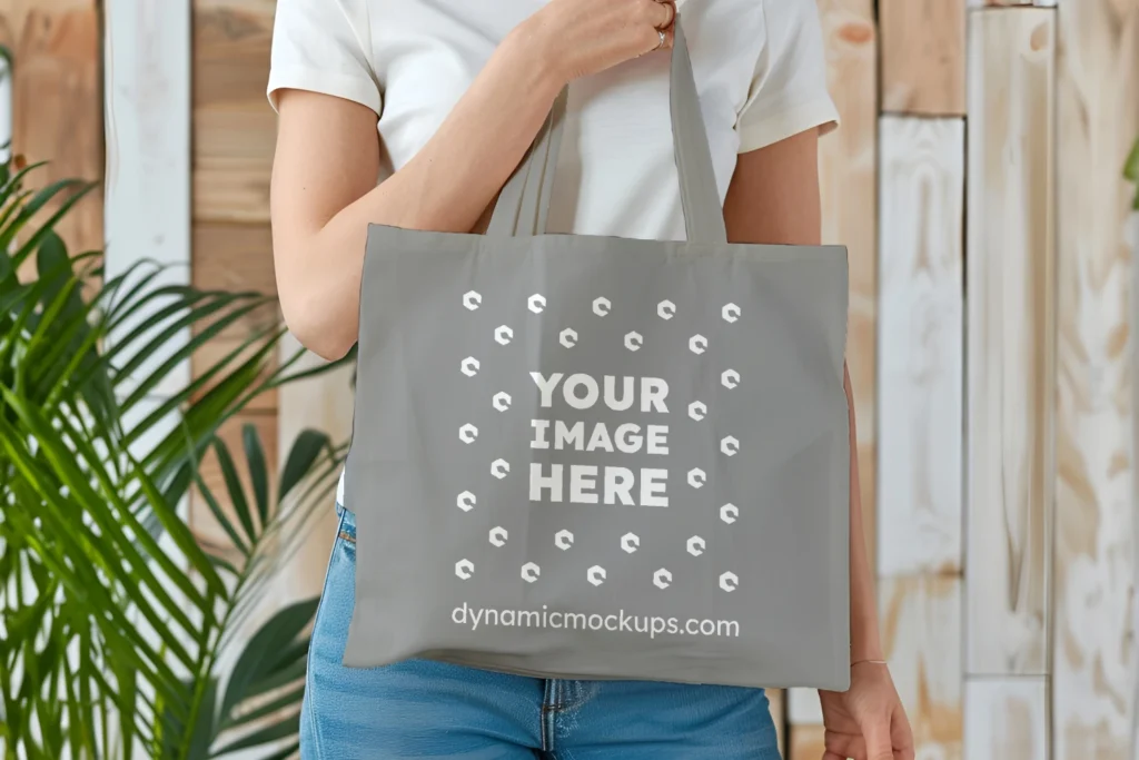 Woman Holding Gray Tote Bag Mockup Front View Template