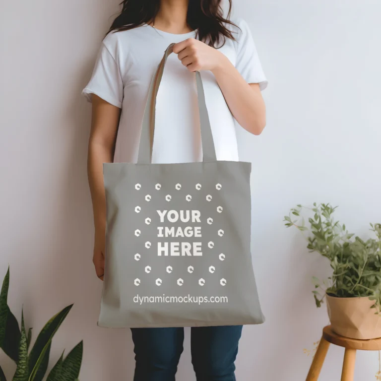 Woman Holding Gray Tote Bag Mockup Front View Template