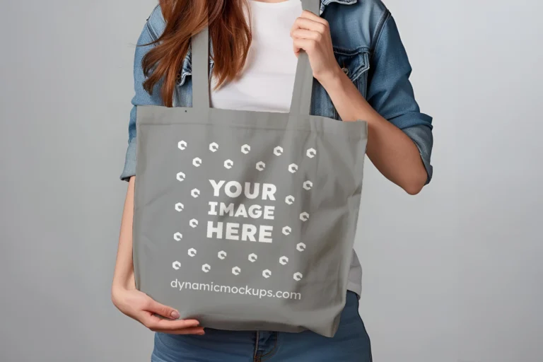 Woman Holding Gray Tote Bag Mockup Front View Template