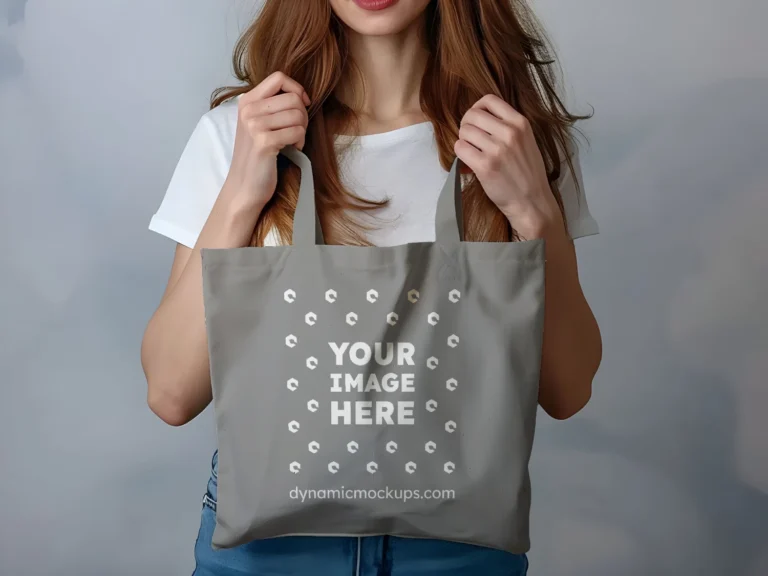 Woman Holding Gray Tote Bag Mockup Front View Template