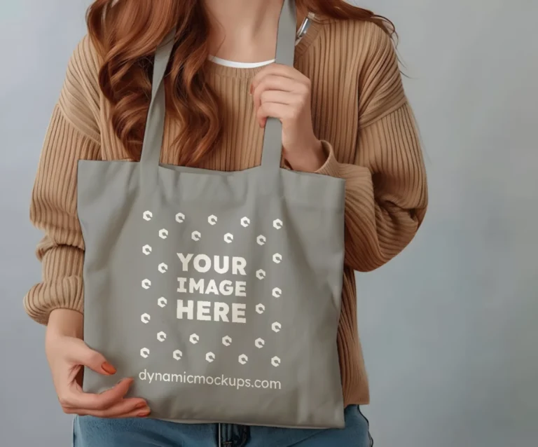 Woman Holding Gray Tote Bag Mockup Front View Template