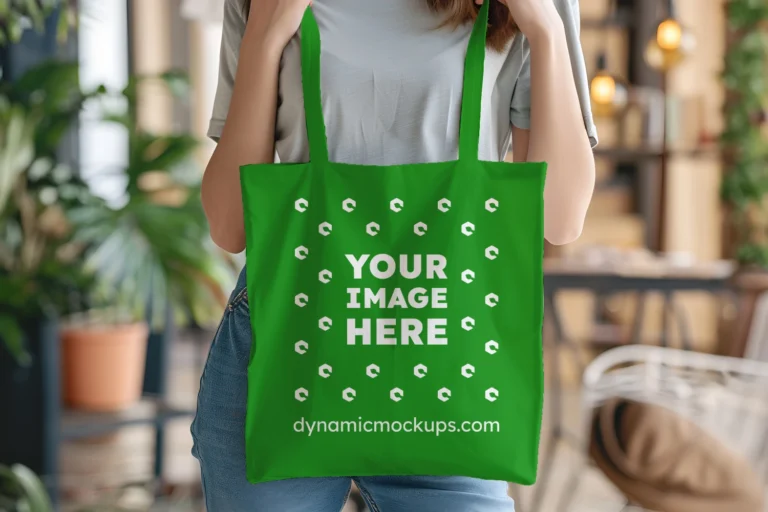 Woman Holding Green Tote Bag Mockup Front View Template