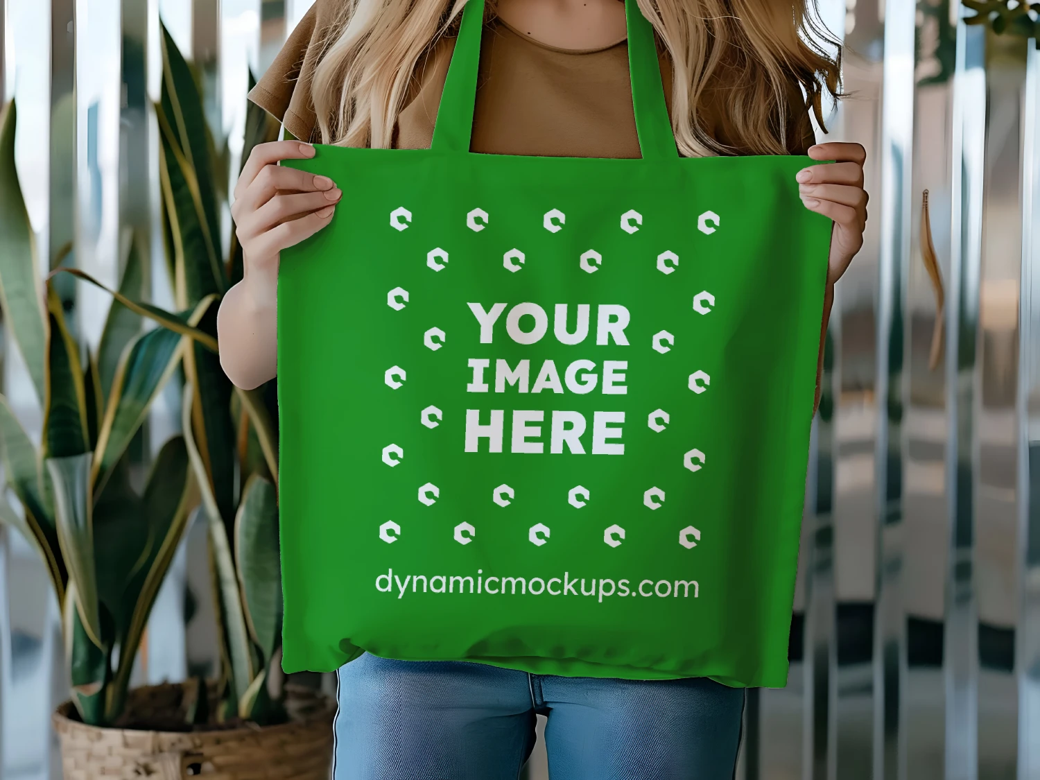 Woman Holding Green Tote Bag Mockup Front View Template 625 PSD 