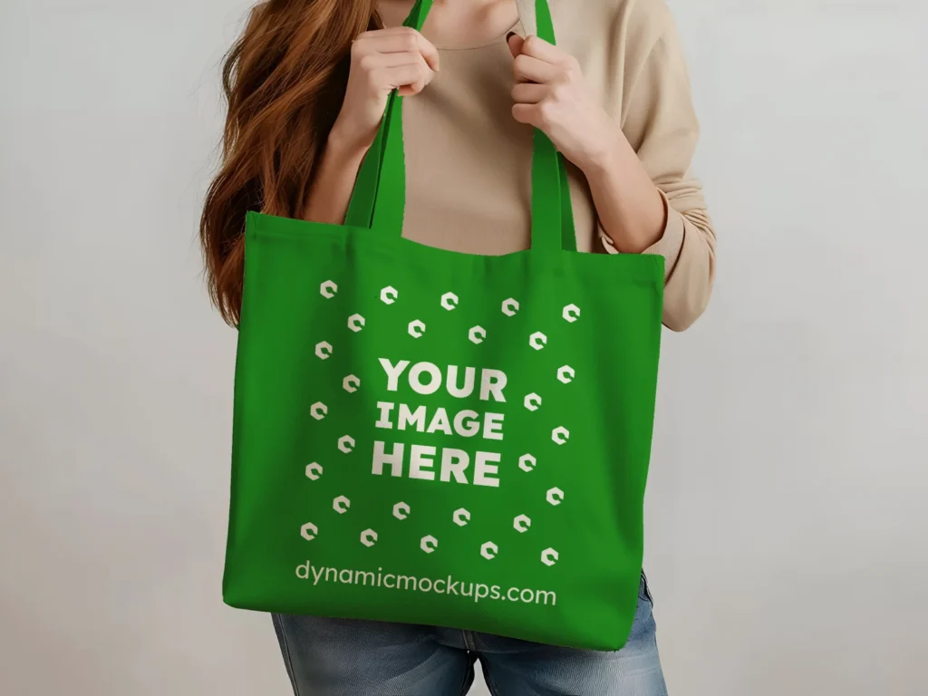 Woman Holding Green Tote Bag Mockup Front View Template