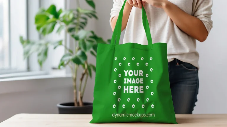 Woman Holding Green Tote Bag Mockup Front View Template