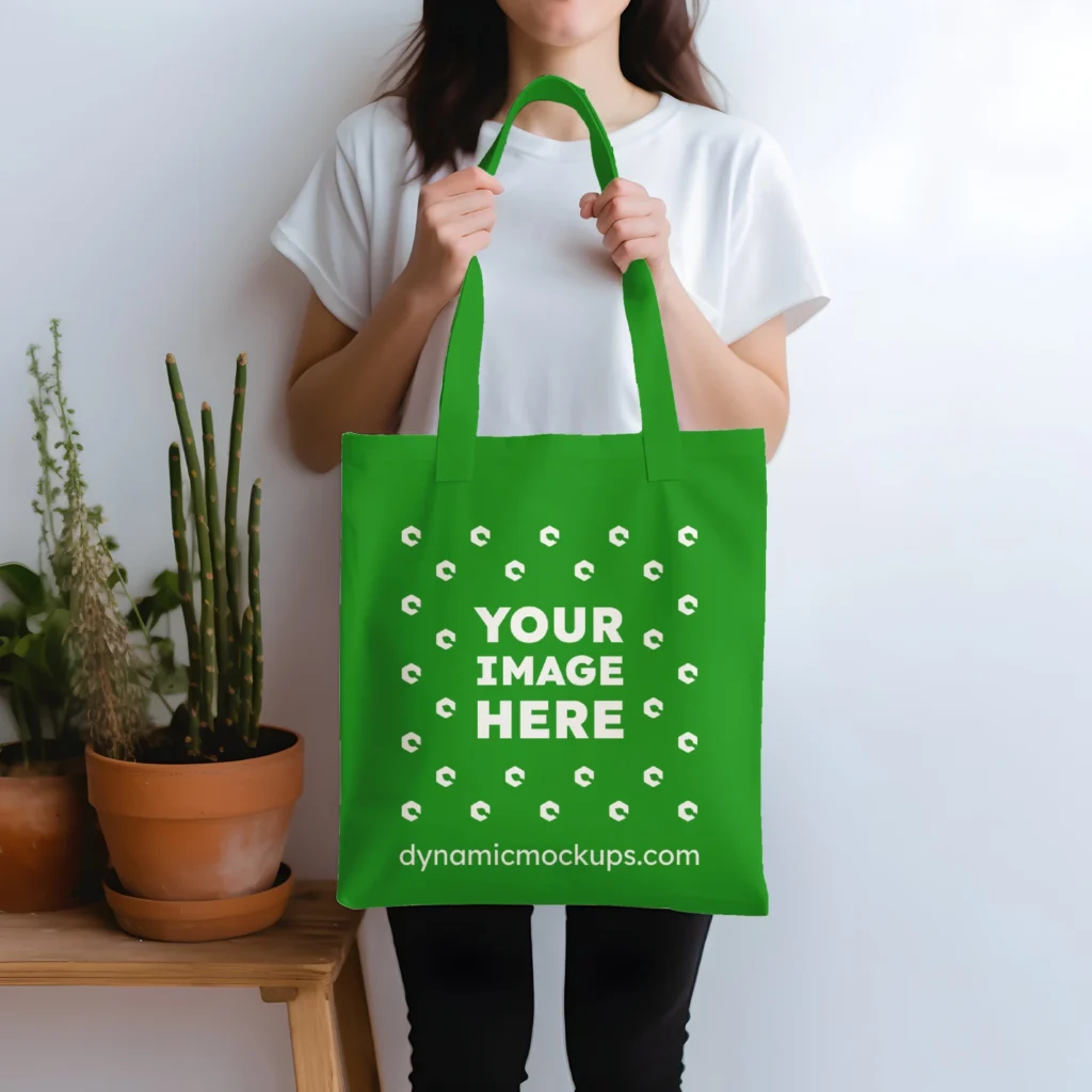 Woman Holding Green Tote Bag Mockup Front View Template 630 PSD 