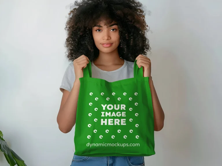 Woman Holding Green Tote Bag Mockup Front View Template