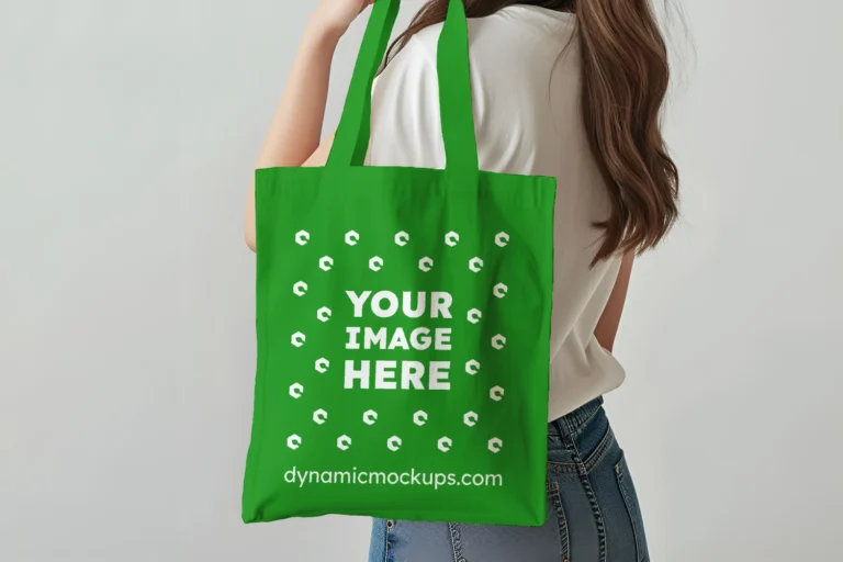 Woman Holding Green Tote Bag Mockup Side View Template