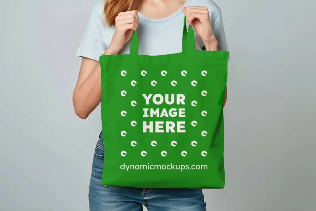 Woman Holding Green Tote Bag Mockup Front View Template 636 PSD 
