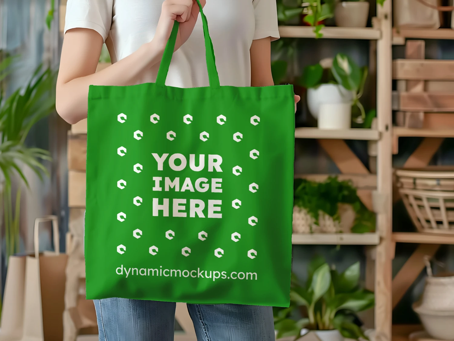 Woman Holding Green Tote Bag Mockup Front View Template 637 PSD 