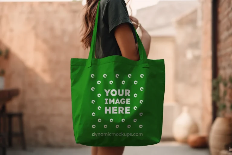 Woman Holding Green Tote Bag Mockup Side View Template