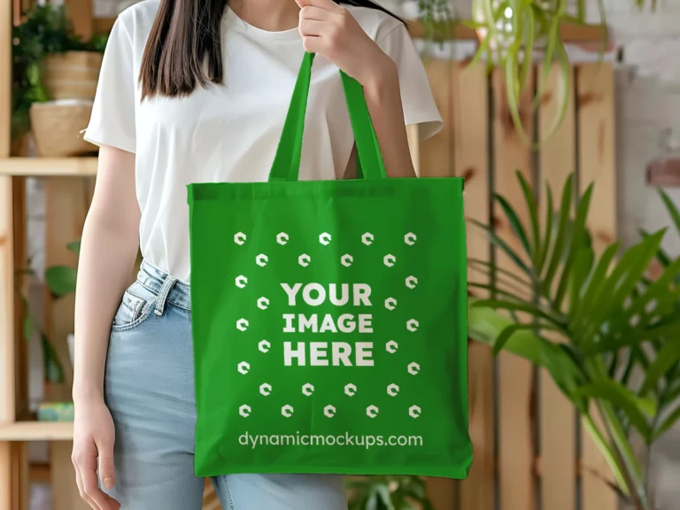 Woman Holding Green Tote Bag Mockup Front View Template