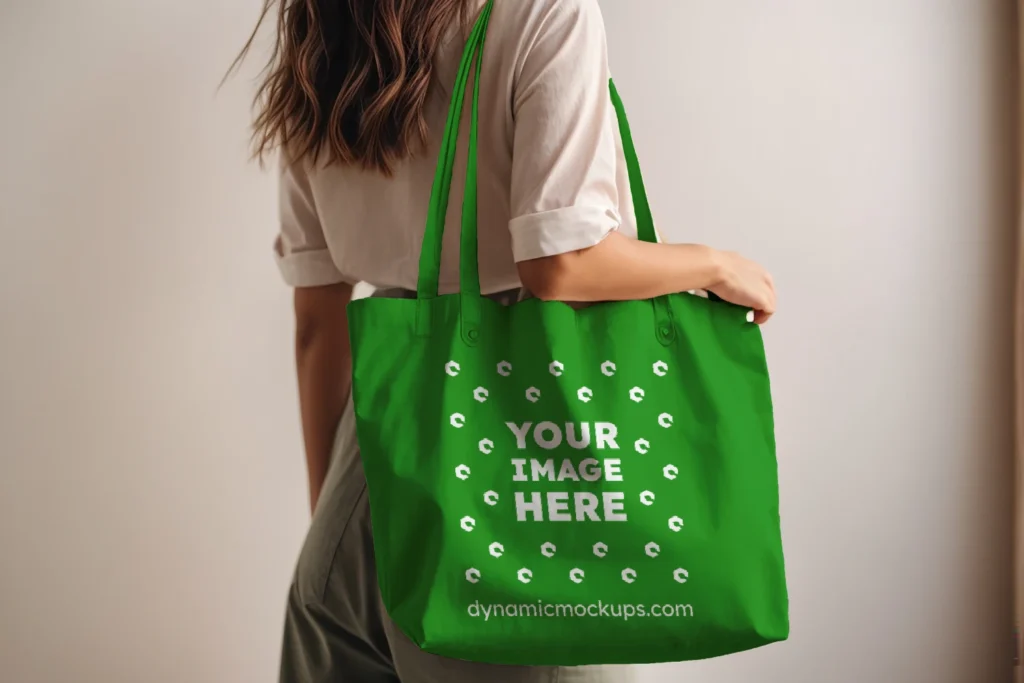 Woman Holding Green Tote Bag Mockup Side View Template