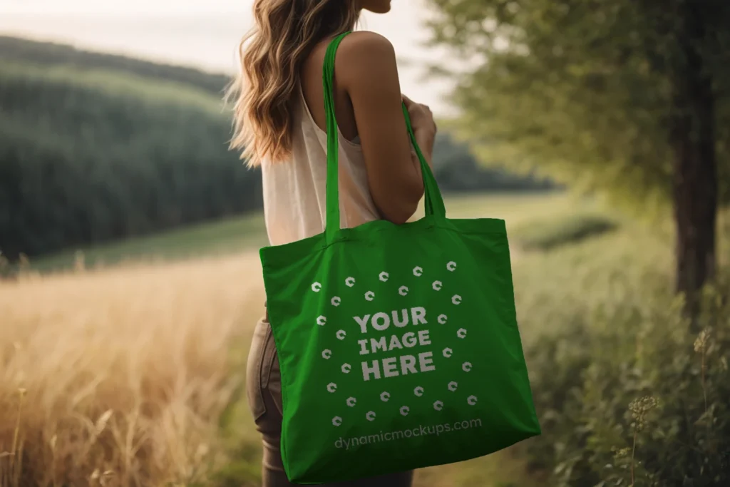 Woman Holding Green Tote Bag Mockup Side View Template