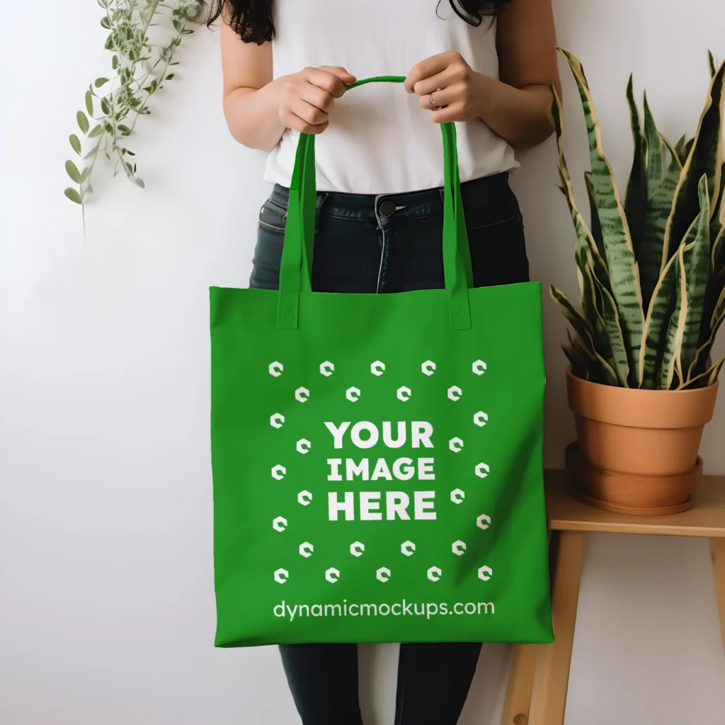 Woman Holding Green Tote Bag Mockup Front View Template