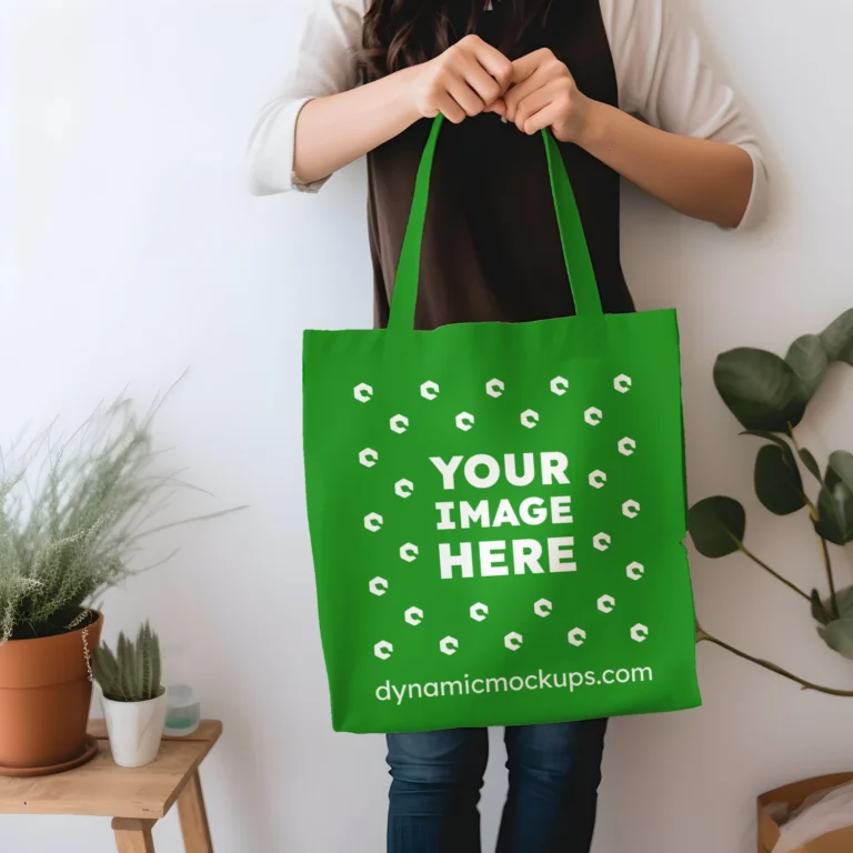 Woman Holding Green Tote Bag Mockup Front View Template