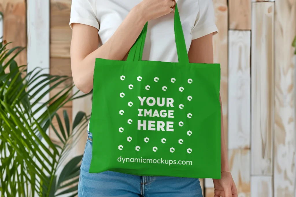 Woman Holding Green Tote Bag Mockup Front View Template