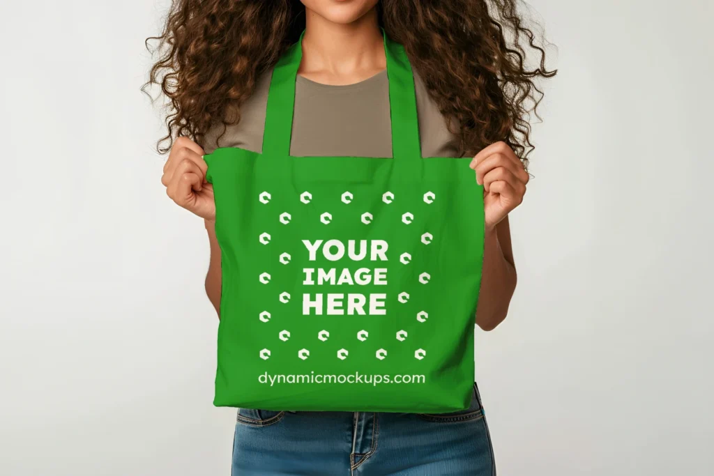 Woman Holding Green Tote Bag Mockup Front View Template