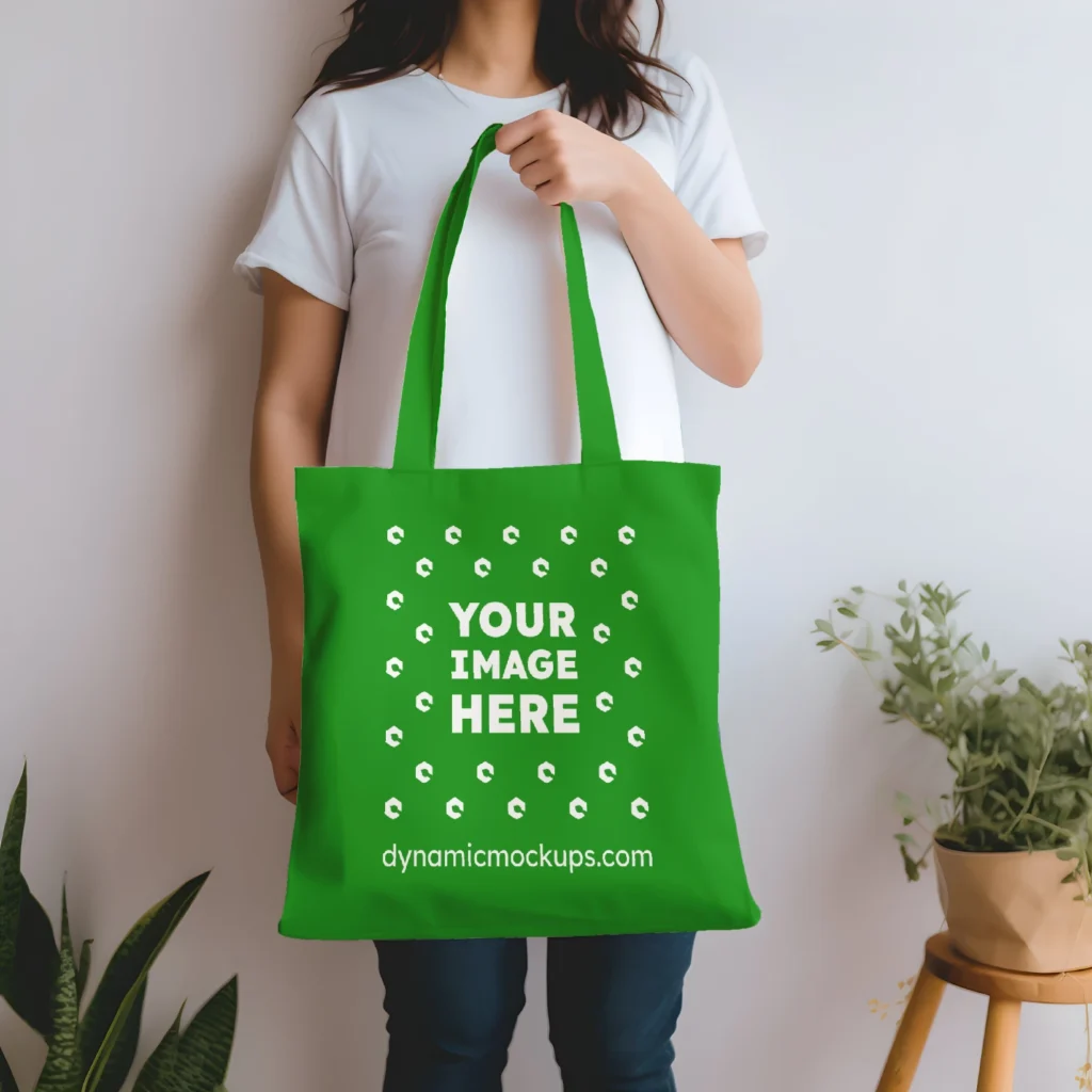 Woman Holding Green Tote Bag Mockup Front View Template