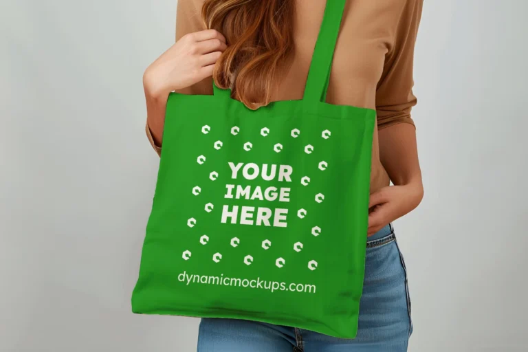 Woman Holding Green Tote Bag Mockup Front View Template