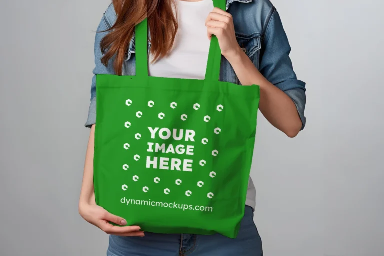 Woman Holding Green Tote Bag Mockup Front View Template