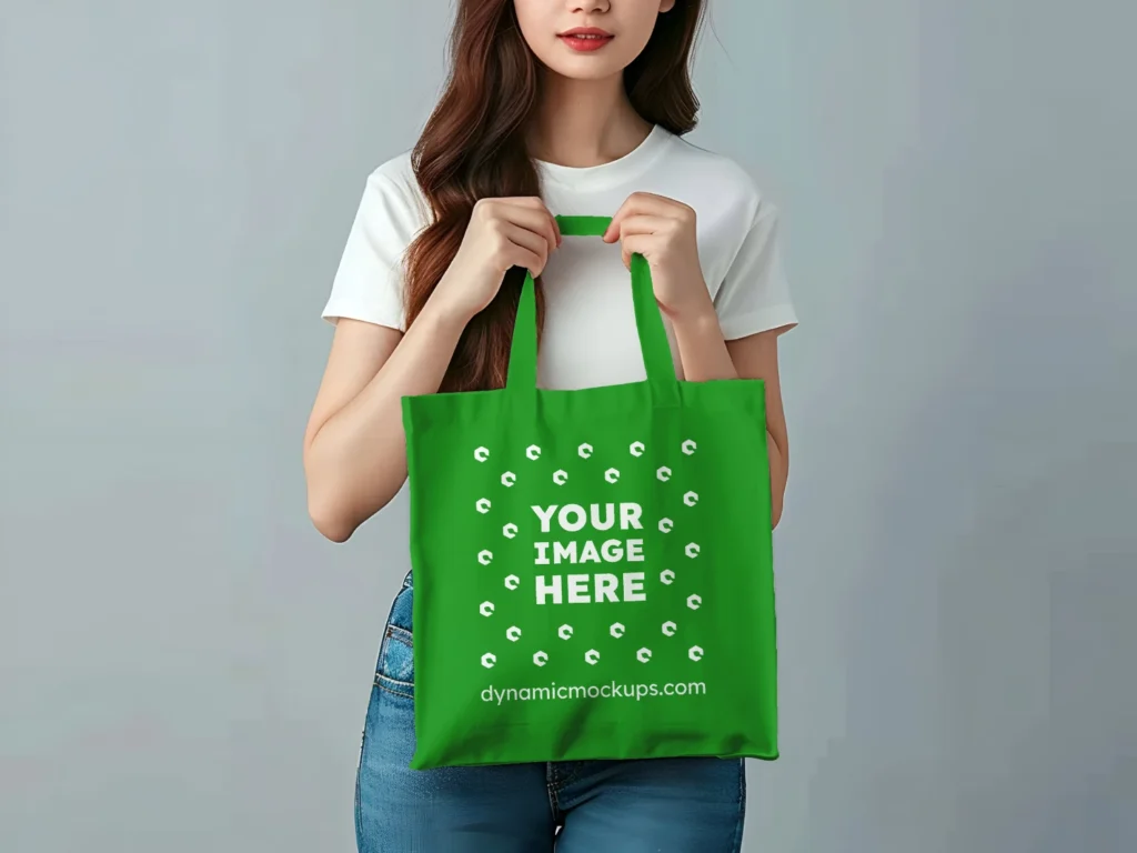 Woman Holding Green Tote Bag Mockup Front View Template