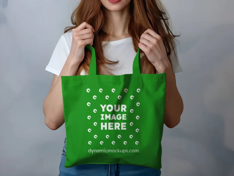 Woman Holding Green Tote Bag Mockup Front View Template