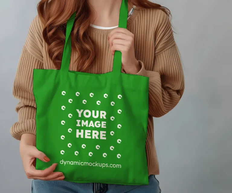 Woman Holding Green Tote Bag Mockup Front View Template