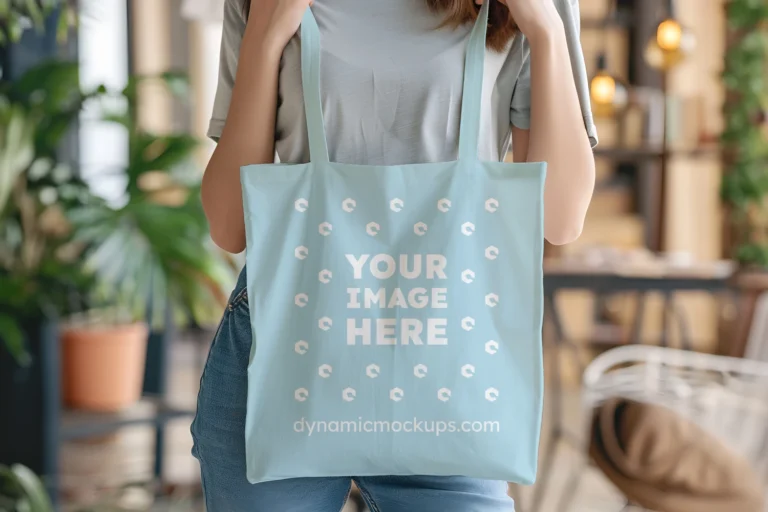 Woman Holding Light Blue Tote Bag Mockup Front View Template