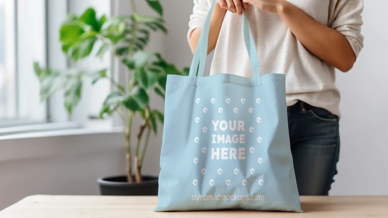 Woman Holding Light Blue Tote Bag Mockup Front View Template