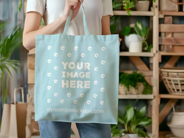 Woman Holding Light Blue Tote Bag Mockup Front View Template