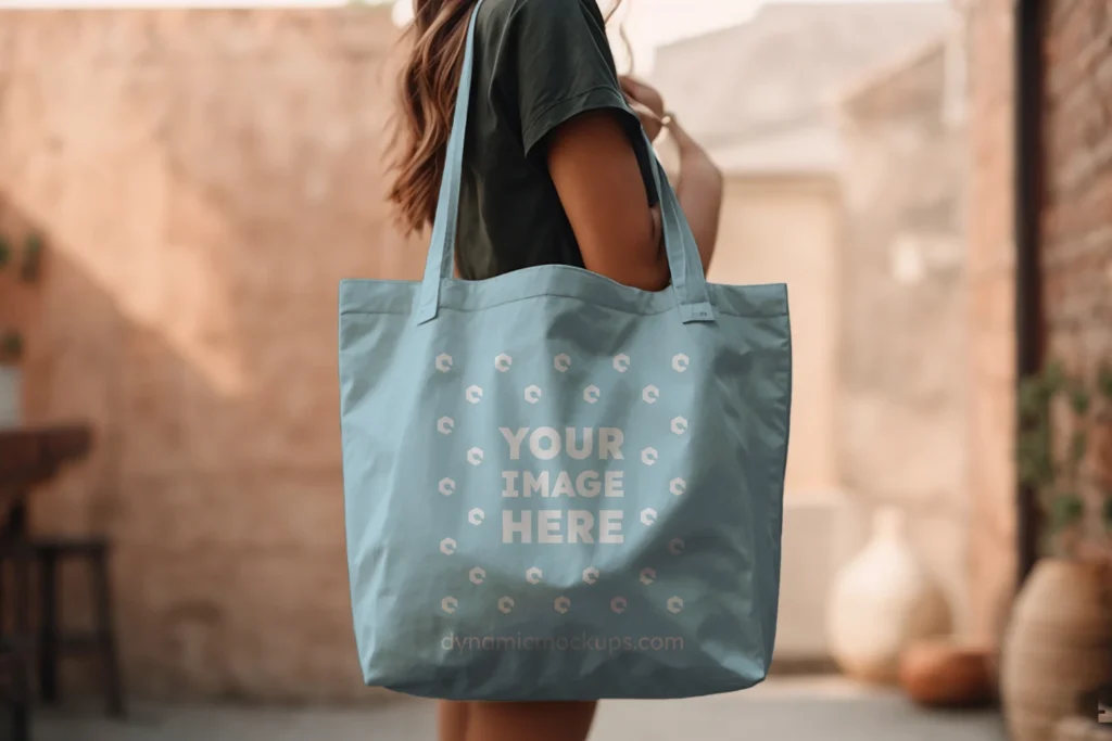 Woman Holding Light Blue Tote Bag Mockup Side View Template