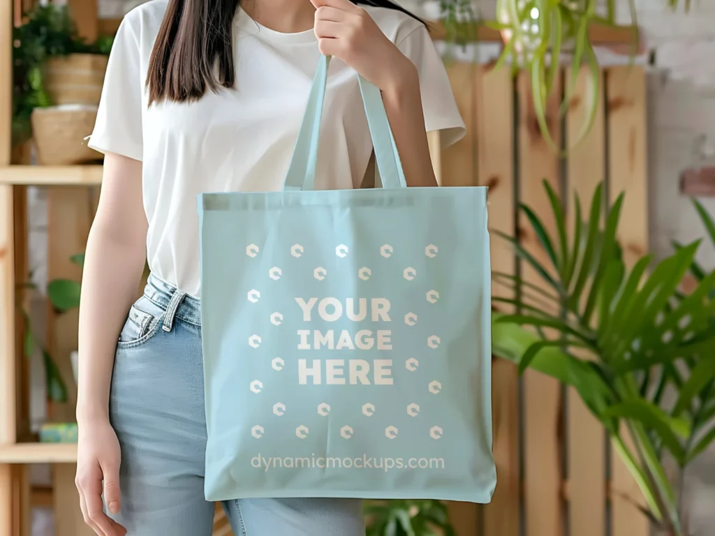 Woman Holding Light Blue Tote Bag Mockup Front View Template