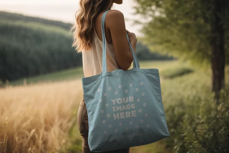 Woman Holding Light Blue Tote Bag Mockup Side View Template