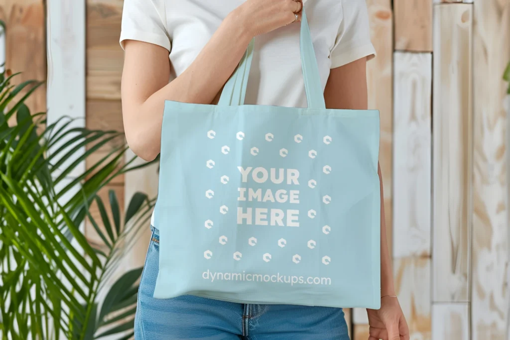 Woman Holding Light Blue Tote Bag Mockup Front View Template