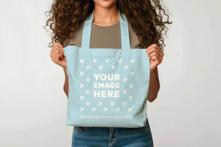 Woman Holding Light Blue Tote Bag Mockup Front View Template