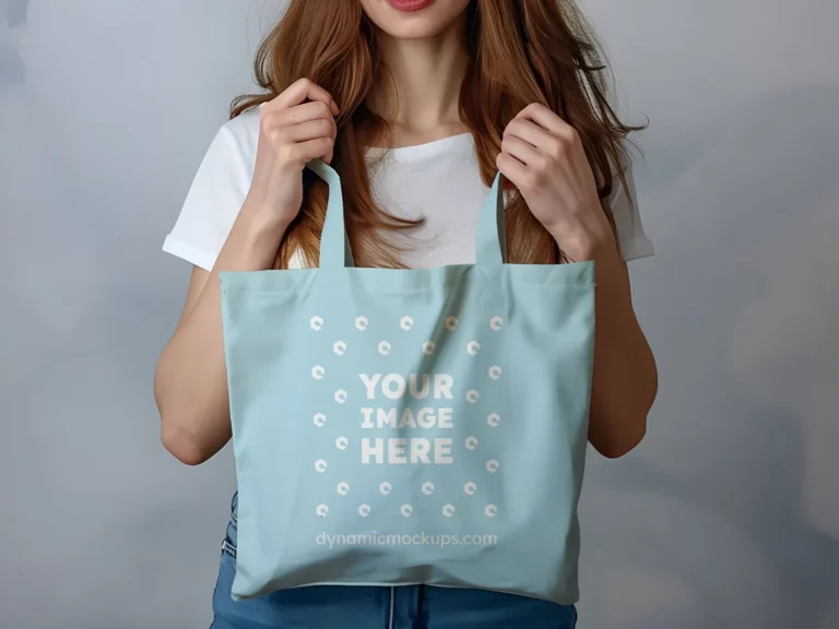 Woman Holding Light Blue Tote Bag Mockup Front View Template