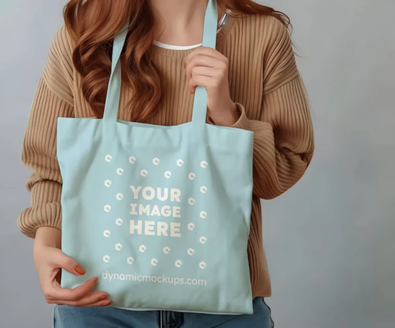 Woman Holding Light Blue Tote Bag Mockup Front View Template