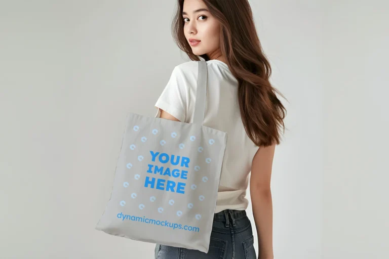 Woman Holding Light Gray Tote Bag Mockup Back View Template