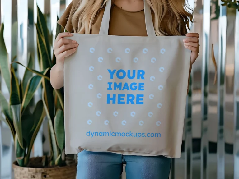 Woman Holding Light Gray Tote Bag Mockup Front View Template