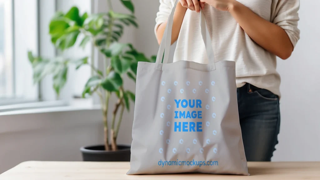 Woman Holding Light Gray Tote Bag Mockup Front View Template