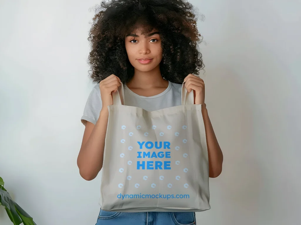 Woman Holding Light Gray Tote Bag Mockup Front View Template