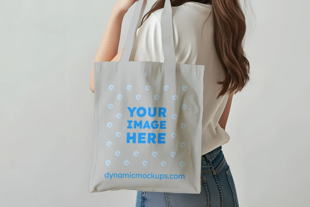 Woman Holding Light Gray Tote Bag Mockup Side View Template