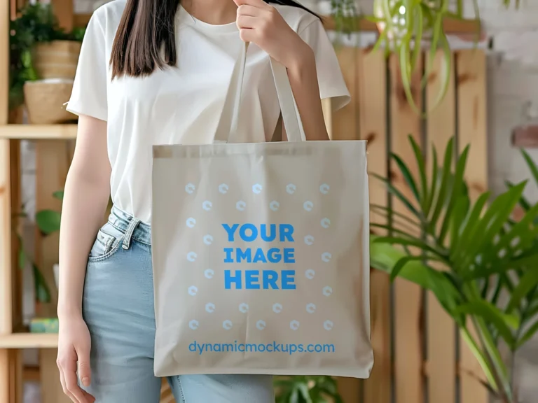 Woman Holding Light Gray Tote Bag Mockup Front View Template