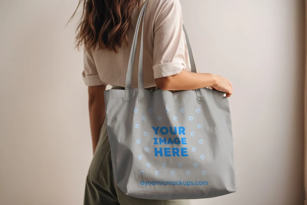 Woman Holding Light Gray Tote Bag Mockup Side View Template