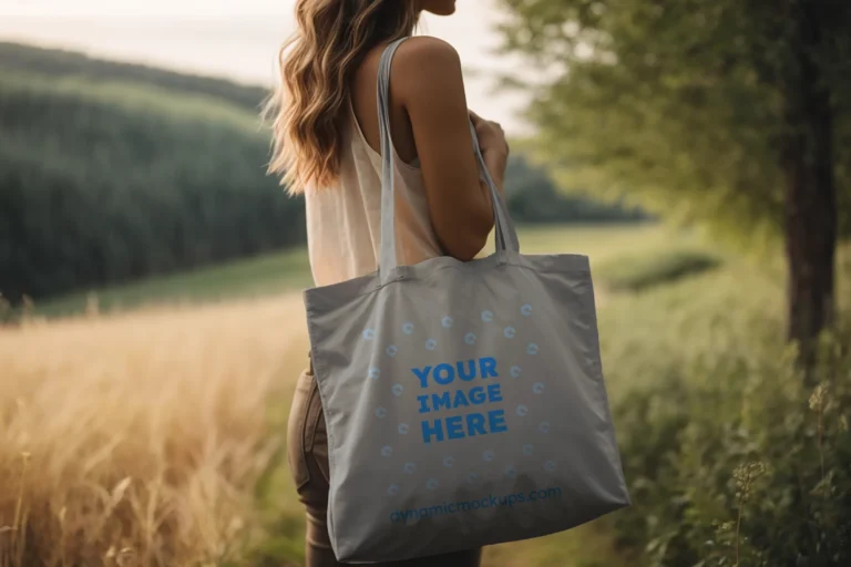 Woman Holding Light Gray Tote Bag Mockup Side View Template