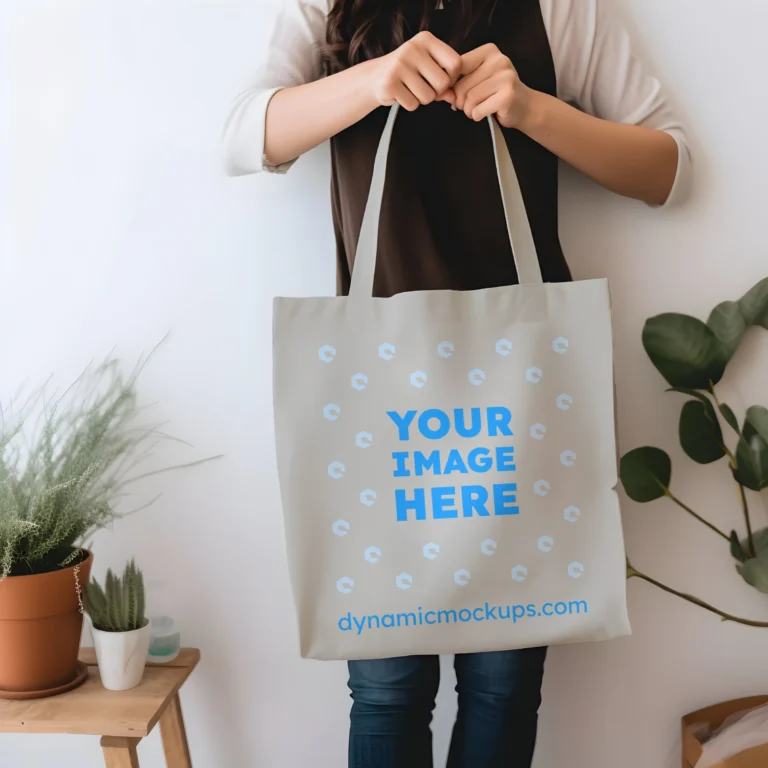 Woman Holding Light Gray Tote Bag Mockup Front View Template