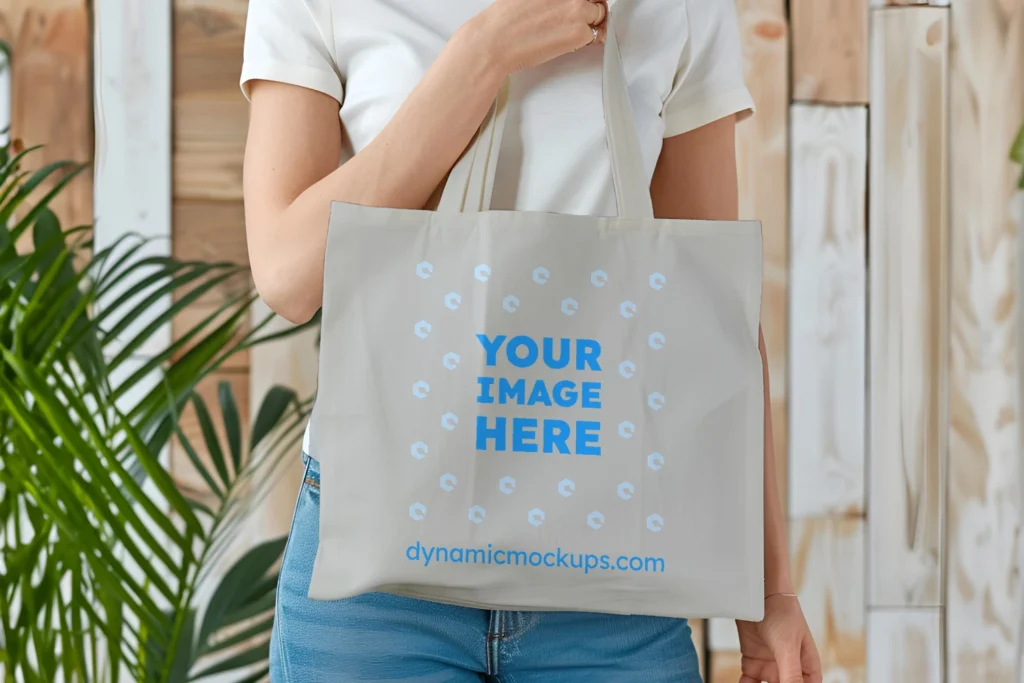 Woman Holding Light Gray Tote Bag Mockup Front View Template